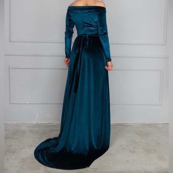 ❗️NEW❗️Dark Teal Off Shoulder Velvet Wrap Maxi Dress - Picture 13 of 16